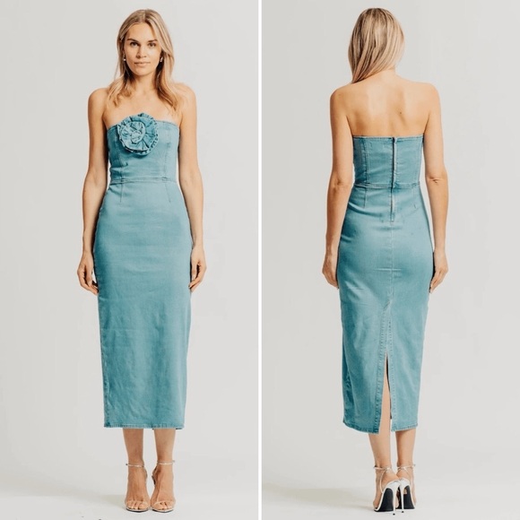 Torn By Ronny Kobo Renee Denim Rosette Strapless Midi Dress - Picture 4 of 6